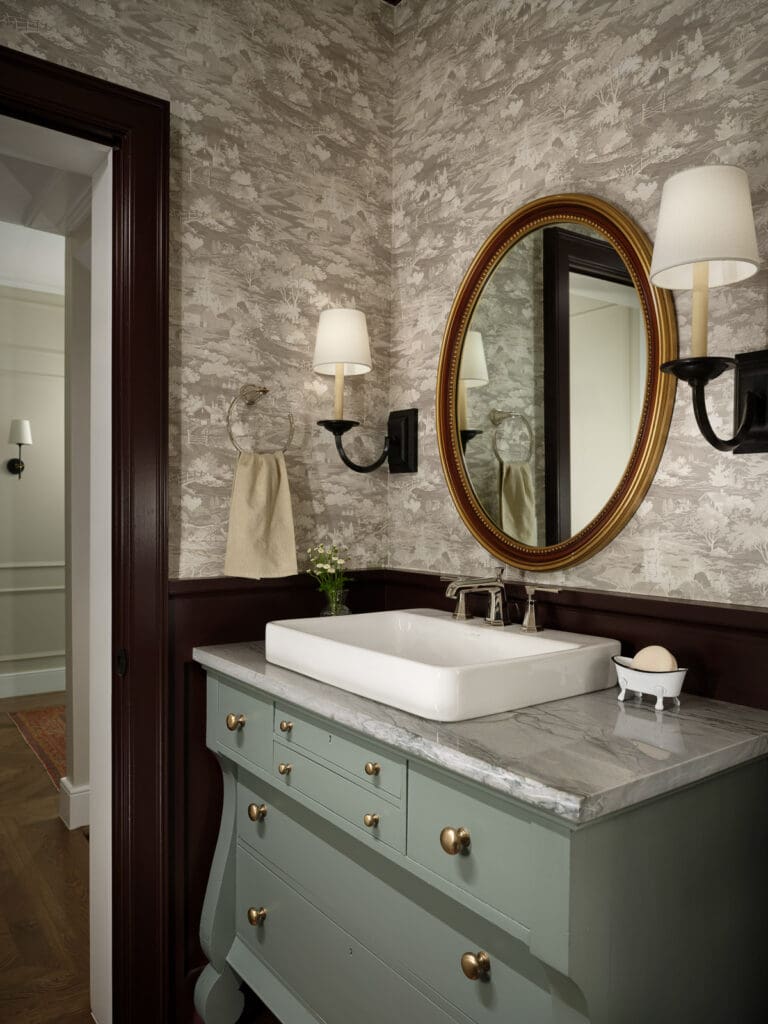 wallpaper in bathroom, painted vanity, powder bath ideas
