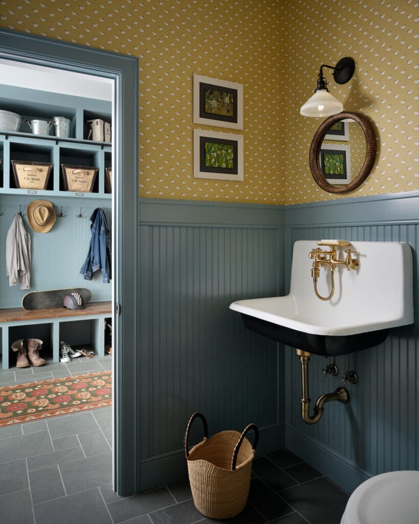 Farmhouse bathroom, blue beadboard and yellow wallpaper bathroom